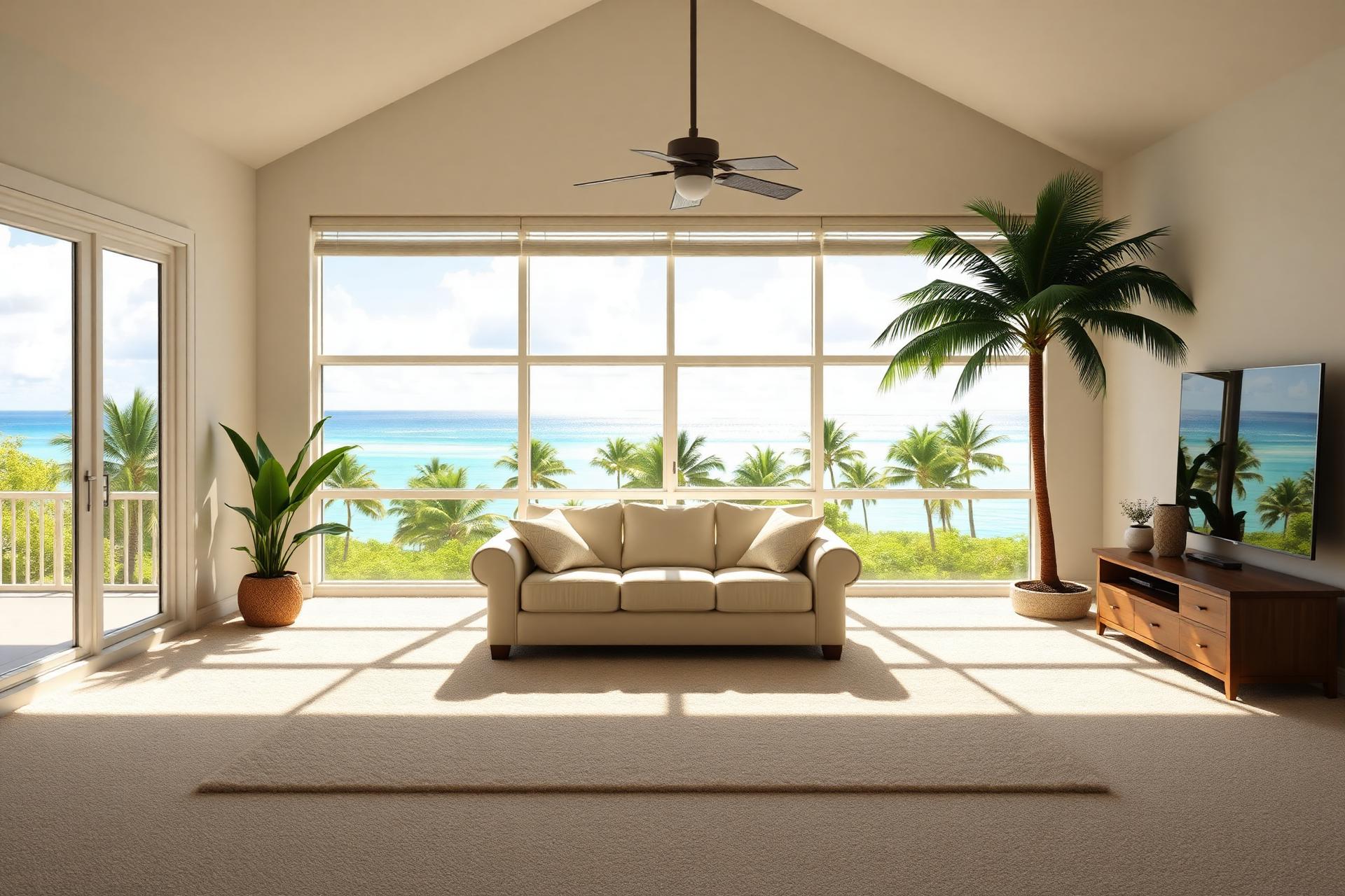 Pristine Hawaiian living room with ocean view